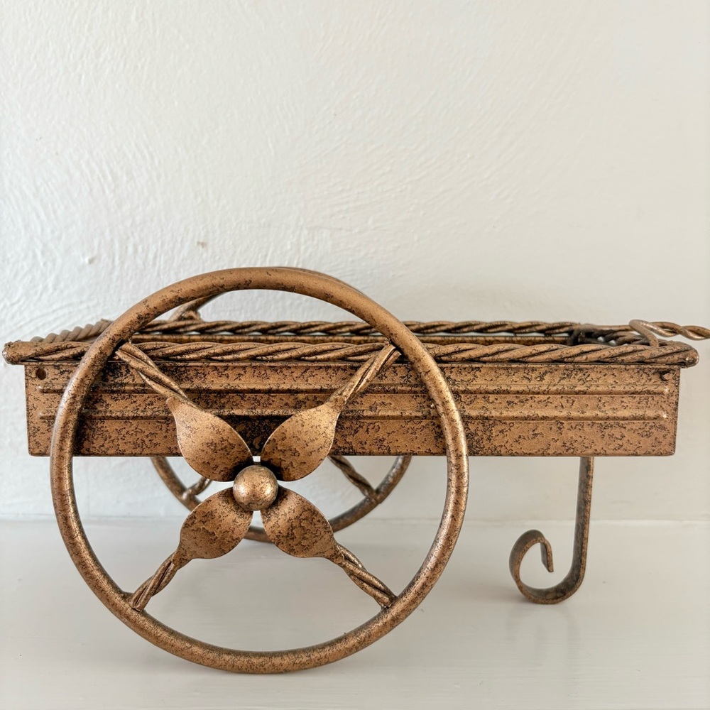 Vintage Rustic Bronze Tone Metal Wagon Cart Planter Decor‎ Garden Flower